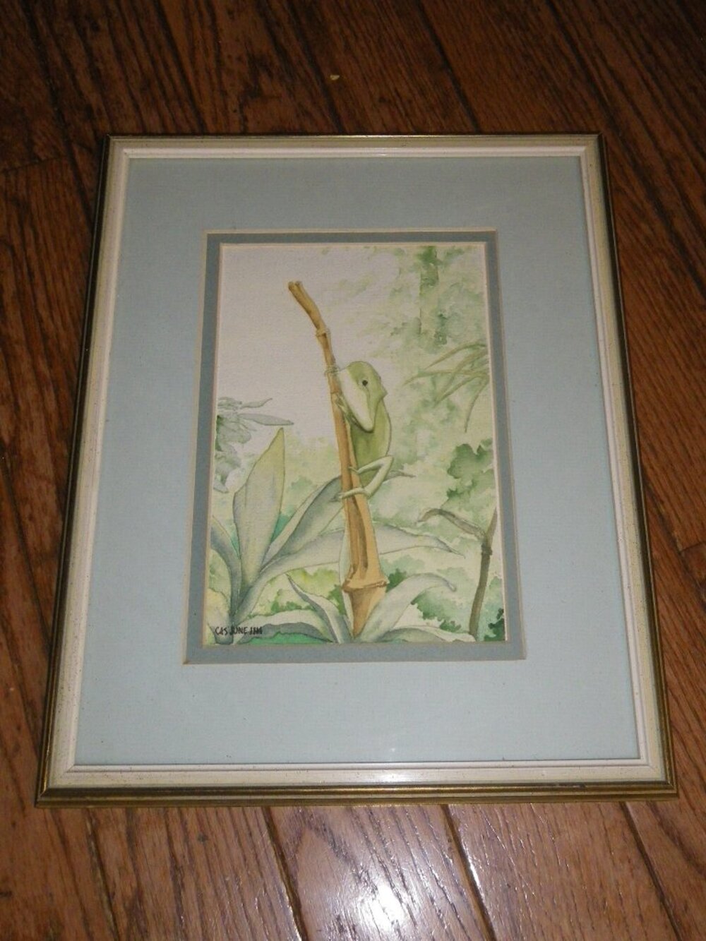 Vintage Framed Watercolor Painting Chameleon Lizard in Bamboo Forest